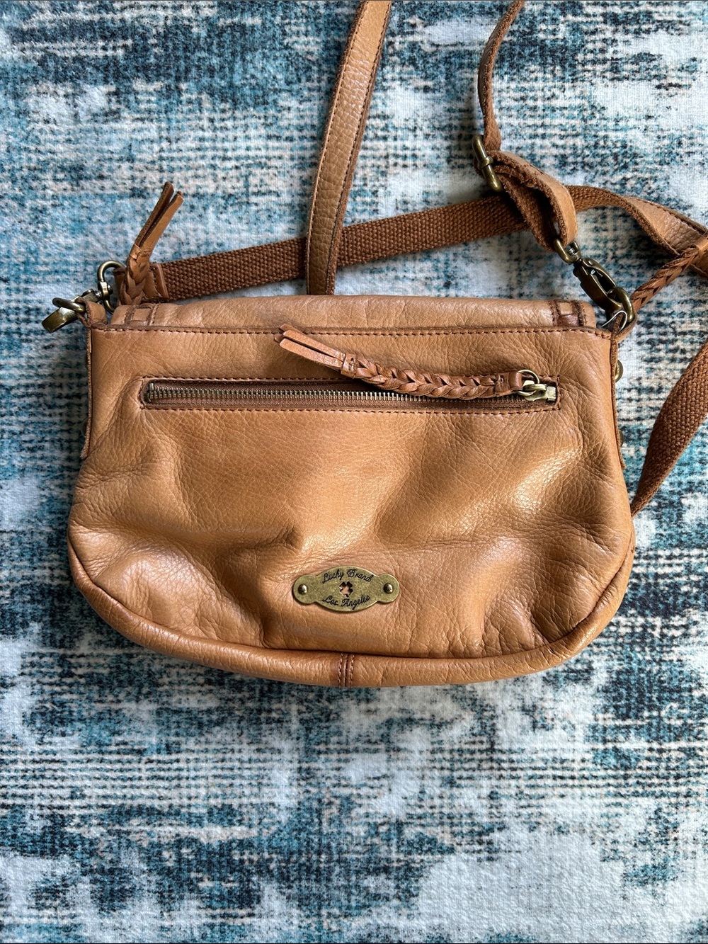 Lucky Brand Cognac Leather Crossbody with Braided Trim - Picture 2 of 3
